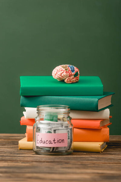 books, piggy bank and brain on wooden surface isolated on green