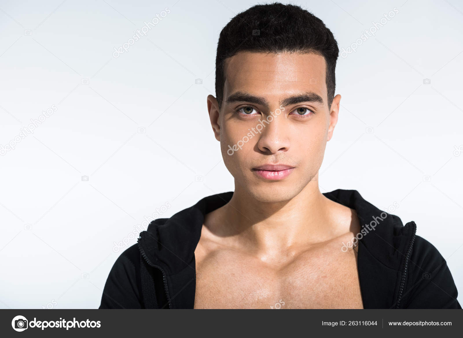 Handsome Mixed Race Man Black Sports Jacket Looking Camera White