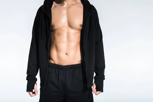 Cropped View Sportive Man Muscular Torso Black Sportswear White Background — Stock Photo, Image