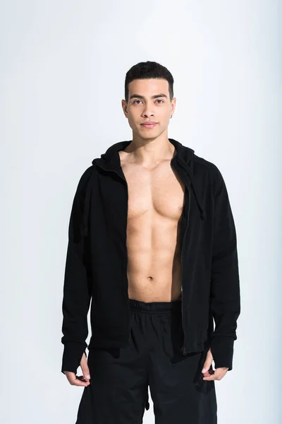 Handsome Mixed Race Man Black Sportswear Looking Camera White — Stock Photo, Image