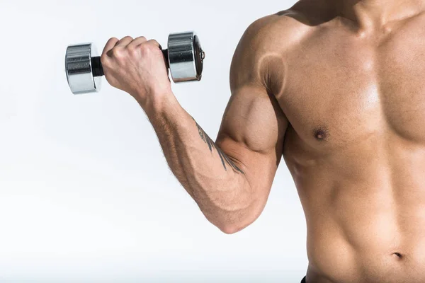 Cropped View Shirtless Man Muscular Torso Holding Dumbbell White — Stock Photo, Image