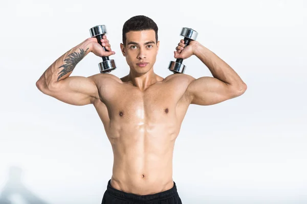Handsome Mixed Race Athletic Man Muscular Torso Holding Dumbbells White — Stock Photo, Image
