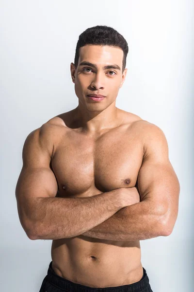 Handsome Sportive Mixed Race Man Posing Crossed Arms White — Stock Photo, Image