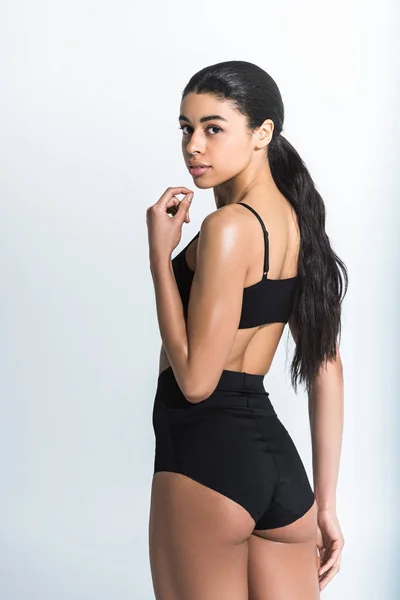 Beautiful Sportive African American Girl Black Sports Bra Shorts Looking — Stock Photo, Image