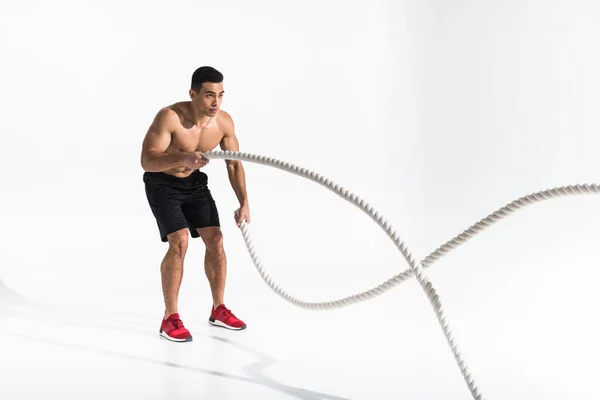 Handsome Mixed Race Man Black Shorts Red Sneakers Doing Exercise — Stock Photo, Image