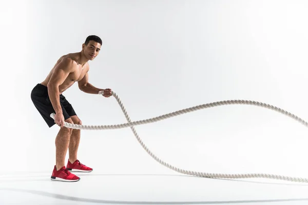 Handsome Mixed Race Man Black Shorts Red Sneakers Training Ropes — Stock Photo, Image