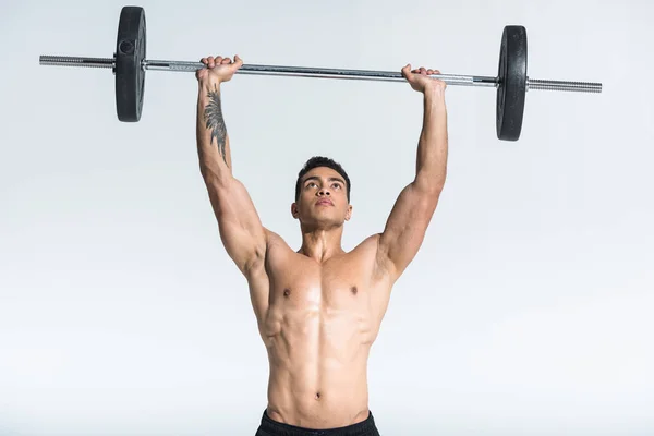 Handsome Sportive Mixed Race Man Lifting Barbell White Background — Stock Photo, Image