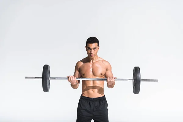 Handsome Athletic Mixed Race Muscular Torso Training Barbell White — Stock Photo, Image