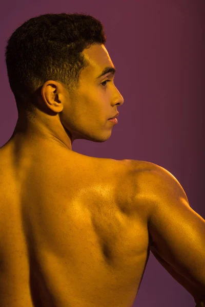 Handsome Sportive Mixed Race Man Muscular Torso Purple Background — Stock Photo, Image