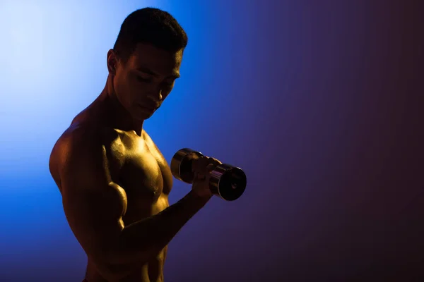 英俊的运动混合种族男子训练与哑铃蓝色和深紫色梯度背景 — 图库照片