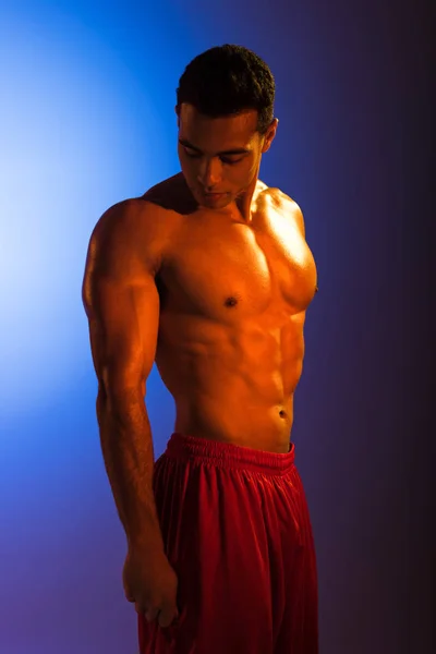 英俊的运动混合种族男子与肌肉躯干在蓝色和深紫色渐变背景的相机摆姿势 — 图库照片