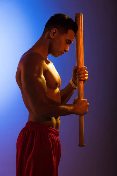 Handsome Mixed Race Man Muscular Torso Holding Baseball Bat Blue — Stock Photo, Image