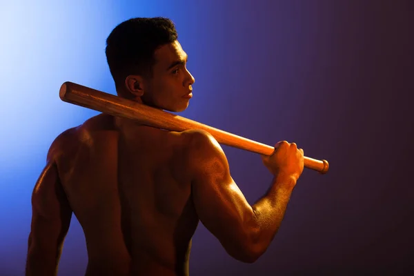 Athletic Mixed Race Man Muscular Torso Holding Baseball Bat Blue — Stock Photo, Image