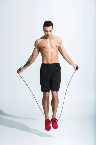 Handsome Sportive Mixed Race Man Jumping Skipping Rope White — Stock Photo, Image