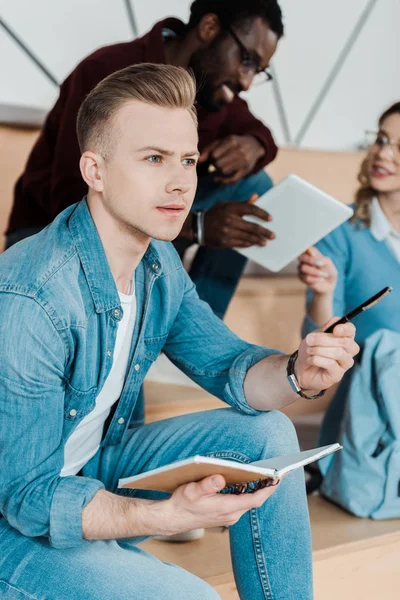 Pensive Student Denim Shirt Holding Notebook Pen — Stock Photo, Image