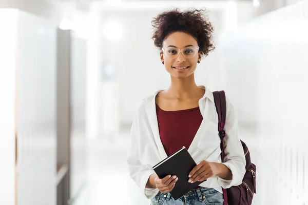 Front View African American Student Notebook Corridor University — Stock Photo, Image
