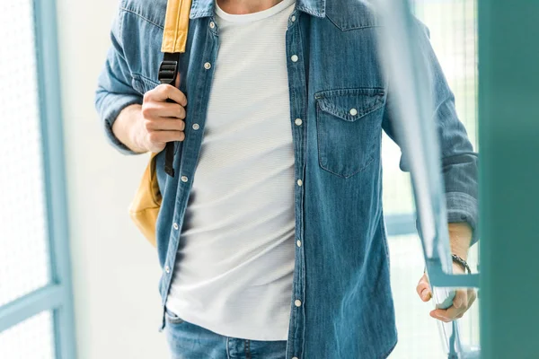 Partial View Student Denim Shirt Backpack College — Stock Photo, Image