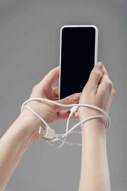 gri izole boş ekran ile akıllı telefon tutan elleri etrafında usb kablosu ile genç kadının kırpılmış görünümü