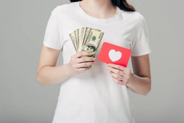gri izole kalp sembolü ile dolar banknotlar ve kırmızı kağıt kesme kartı tutan genç kızın kısmi görünümü