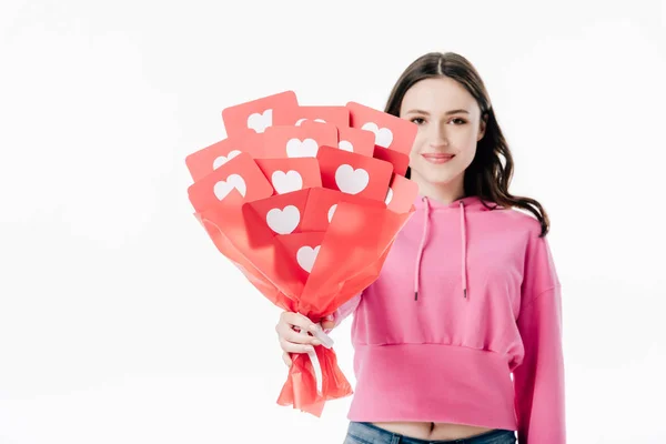 Chica Bastante Sonriente Sosteniendo Ramo Tarjetas Corte Papel Rojo Con — Foto de Stock