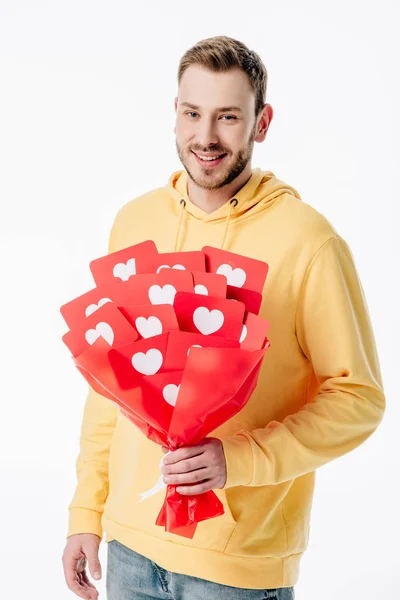 Handsome Cheerful Man Holding Bouquet Red Paper Cut Cards Hearts — Stock Photo, Image