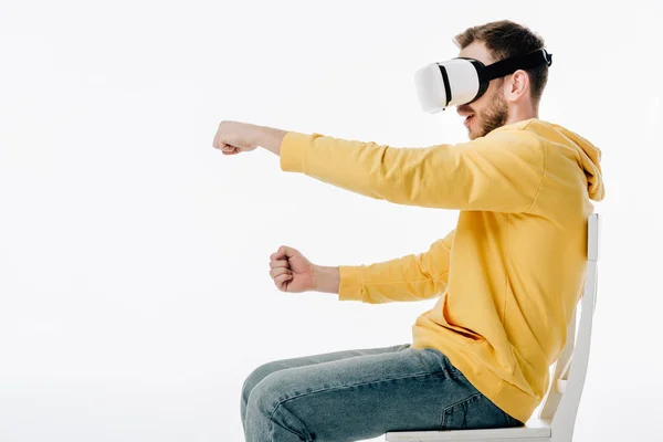 Side View Young Man Virtual Reality Headset Imitating Driving While — Stock Photo, Image