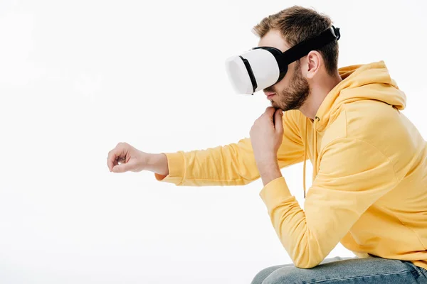 Young Man Imitating Writing While Using Virtual Reality Headset Isolated — 스톡 사진
