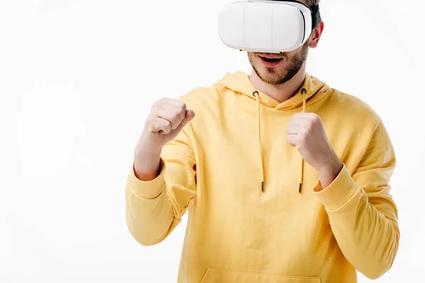 Mladý Muž Žluté Mikině Napodobující Řízení Při Použití Virtuální Reality — Stock fotografie
