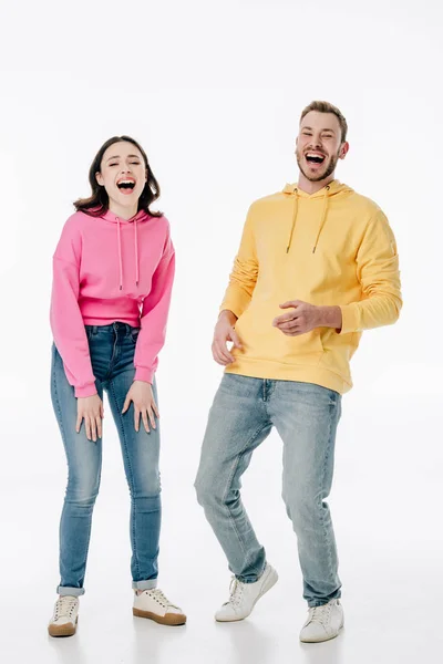 Cheerful Young Man Woman Blue Jeans Hoodies Laughing While Looking — Stock Photo, Image