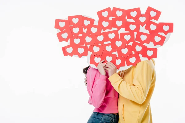 Joven Hombre Mujer Sudaderas Con Capucha Brillante Escondido Detrás Caras — Foto de Stock