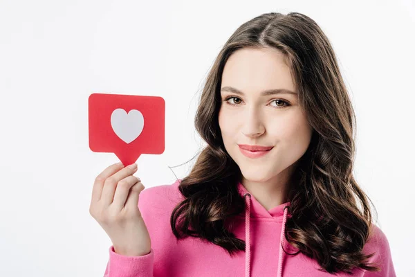 Szép Mosolygós Lány Aki Piros Papír Vágott Kártyát Szív Szimbólummal — Stock Fotó