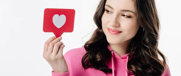 Panoramic Shot Pretty Girl Holding Red Paper Cut Card Heart — Stock Photo, Image