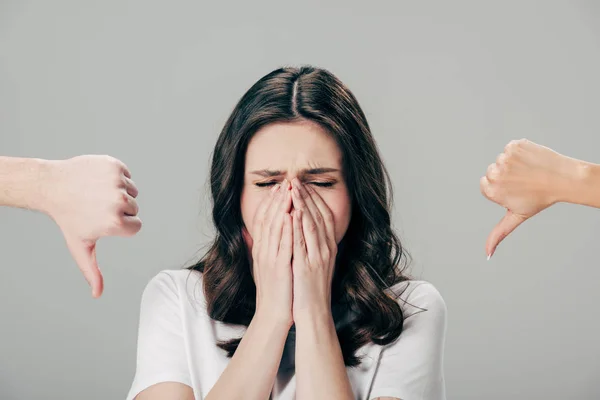 Cropped View Man Woman Showing Thumbs Upset Girl Holding Hands — Stock Photo, Image