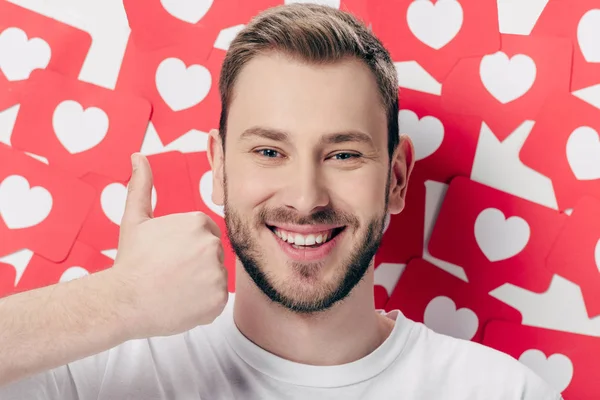 Handsome Cheerful Man Showing Thumb Red Paper Cut Cards Hearts — Stock Photo, Image