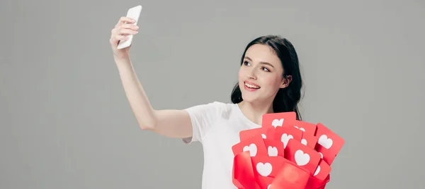 Panoramic Shot Smiling Girl Holding Bouquet Red Paper Cut Cards — Stock Photo, Image