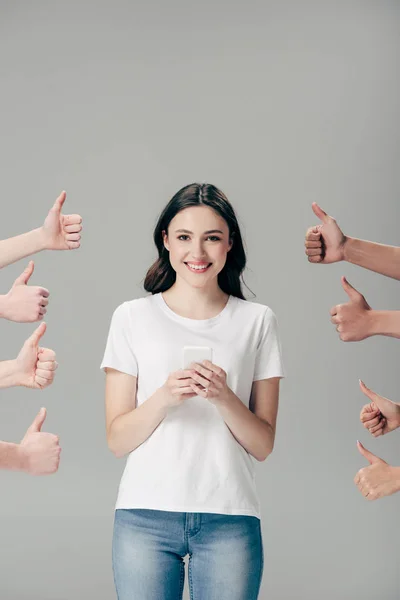 Cropped View Men Women Showing Thumbs Happy Girl Smartphone Isolated — Stock Photo, Image