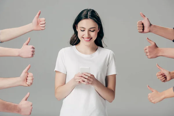 Partial View Men Women Showing Thumbs Happy Girl Using Smartphone — Stock Photo, Image