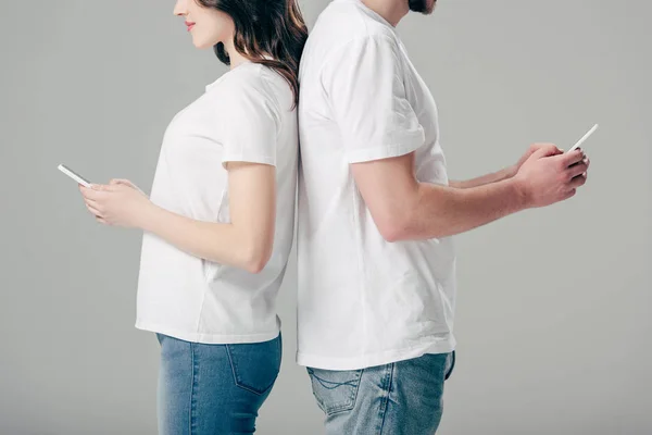 Cropped View Cheerful Man Woman White Shirts Standing Back Back — Stock Photo, Image