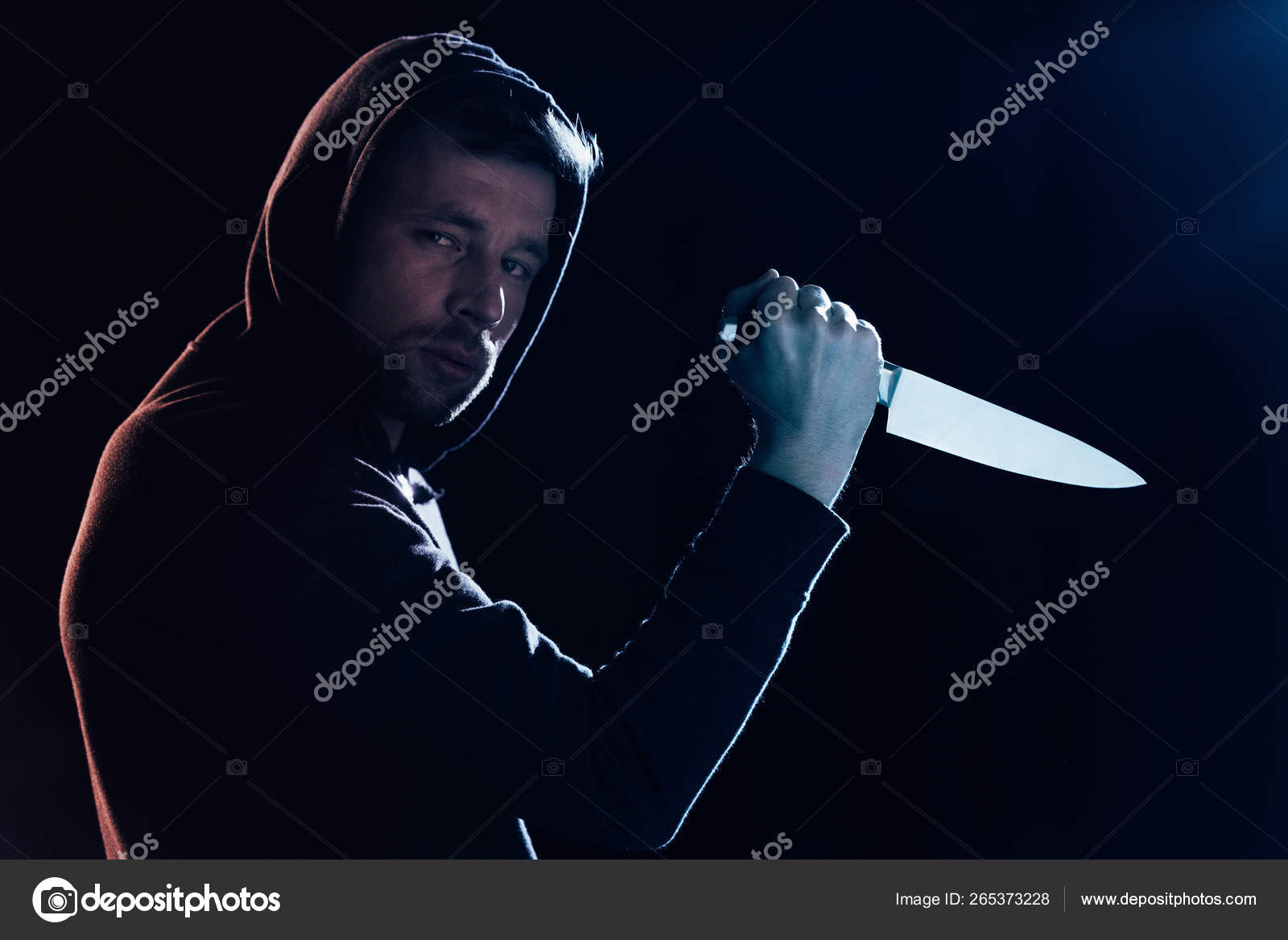 Criminal Casual Clothes Holding Knife Looking Camera Black Stock