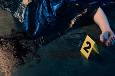 cropped view of covered corpse near glasses and evidence marker at crime scene clipart