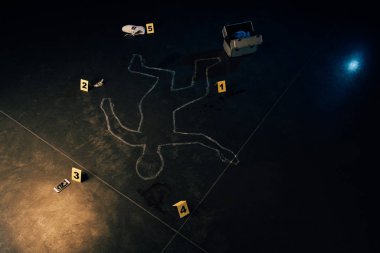 chalk outline, smartphone, dollar banknote, shoe, investigation kit and evidence markers at crime scene clipart