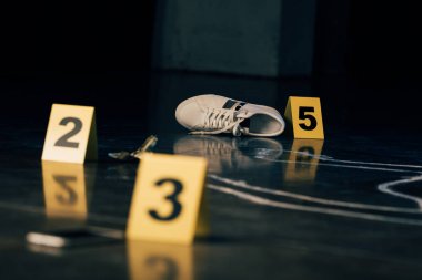 selective focus of shoe, dollar banknote, chalk outline and evidence markers at crime scene clipart
