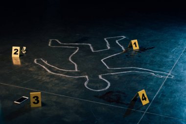 chalk outline and evidence markers at crime scene clipart