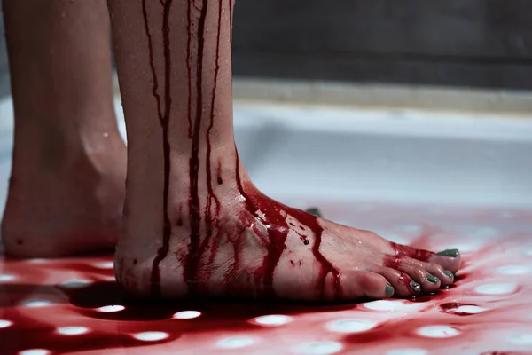 Cropped View Barefoot Bleeding Woman Bathroom — Stock Photo, Image