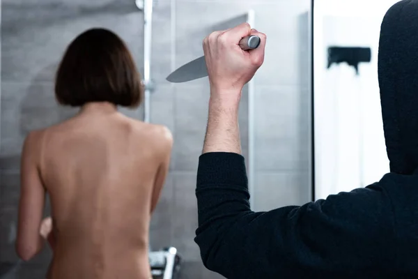 Cropped View Killer Attacking Woman Knife Bathroom — Stock Photo, Image