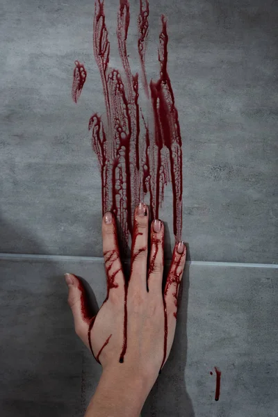 Bleeding Hand Blood Print Grey Wall — Stock Photo, Image
