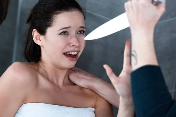 Cropped View Killer Attacking Woman Knife Bathroom — Stock Photo, Image