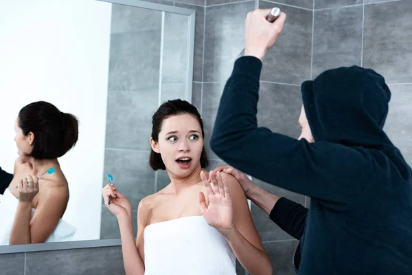 Killer Attacking Woman Knife While She Brushing Teeth Bathroom — Stock Photo, Image