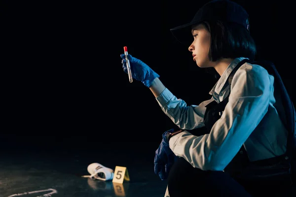 Pensive Investigator Rubber Gloves Holding Test Tube Crime Scene — Stock Photo, Image