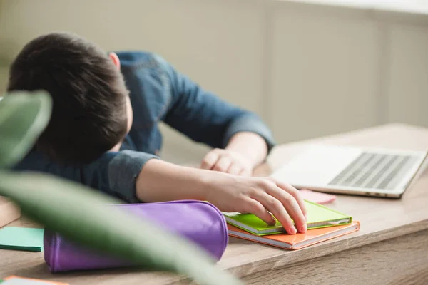 Selective Focus Tired Boy Sleeping Table Copy Books Laptop — Stock Photo, Image
